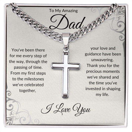 Personalized Steel Cross Necklace on Cuban Chain- To My Amazing Dad